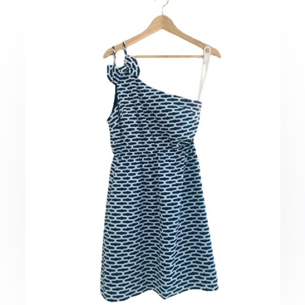 Ellen and Ollie one shoulder dress, navy & white, size 8, a-line skirt